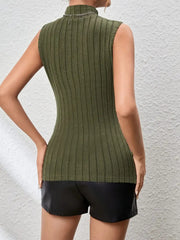 Army green ribbed tank top with asymmetric knot detail and chain neckline
