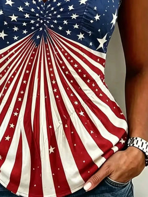 American Flag Print V-neck Sleeveless Tank Plus Size in Red, fabric detail