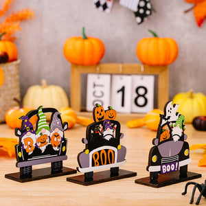 Halloween gnome car tableau set with pumpkins and ghosts, multicolor wooden decor.