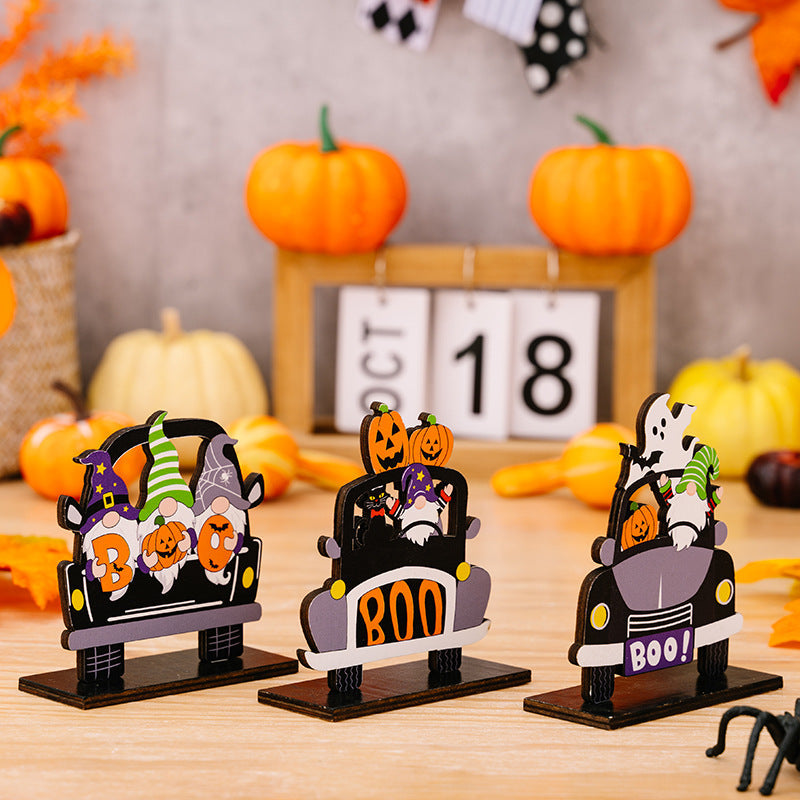 Halloween gnome car tableau set with pumpkins and ghosts, multicolor wooden decor.