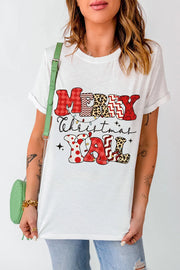 White graphic t-shirt with Merry Christmas Y'all patchwork text and festive lights.