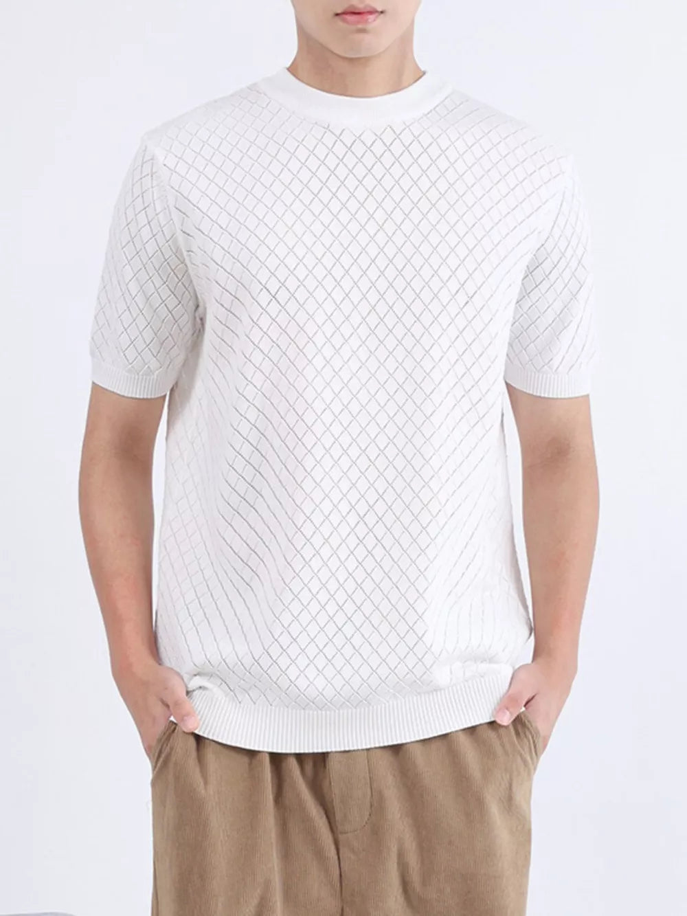 Men's white diamond knit short sleeve tee with crewneck and ribbed hem.