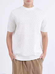 Men's white diamond knit short sleeve tee with crewneck and ribbed hem.