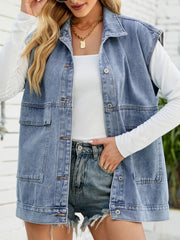 Sleeveless denim vest in light blue with button-down front and chest pockets.