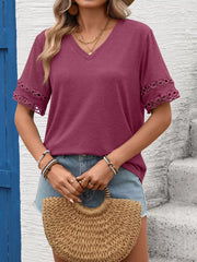 Burgundy V-neck t-shirt with lace trim on sleeves.