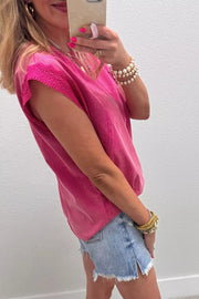 Lace-trimmed mineral wash cap sleeve t-shirt in pink with a relaxed fit.