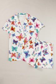 White butterfly print pajama set with short sleeves and shorts.