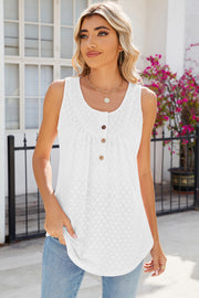 White eyelet tank top with button front and gathered neckline