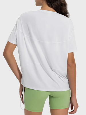 White sculpted jersey t-shirt with side tie detail and curved seams