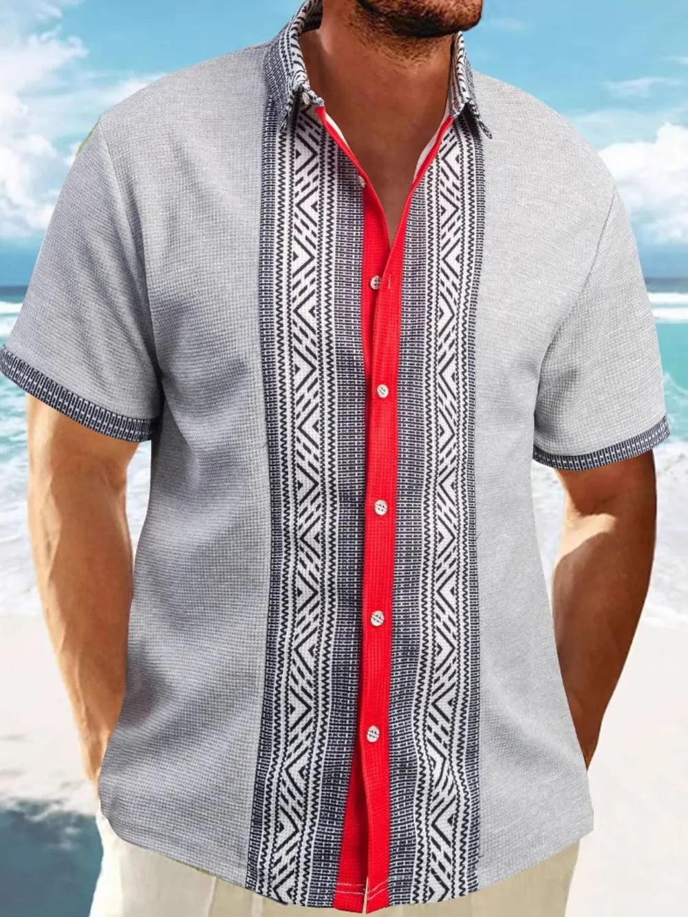 Gray textured Cuban shirt with red placket and geometric panel detail.