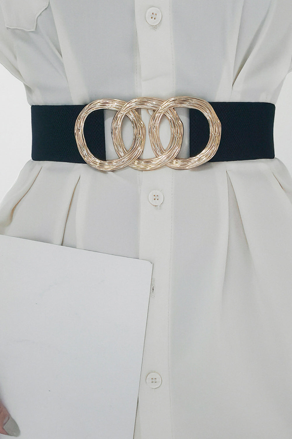 Black elastic belt with triple gold interlocking ring buckle
