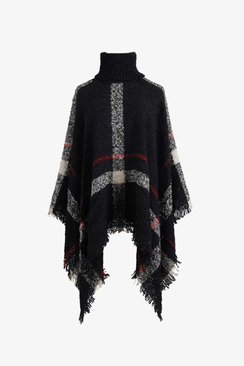 Black plaid turtleneck cape with fringe detail and textured acrylic knit.