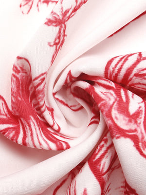 Floral tie strap maxi dress fabric detail with red floral print on white elastane.