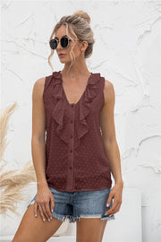Brown textured ruffle front sleeveless blouse with button detail