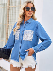 Blue denim shirt with sequin pocket details and frayed hem.