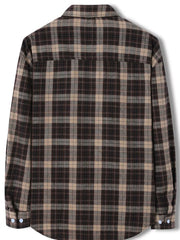 Classic plaid long-sleeve button-up shirt in brown cotton blend with button cuffs.