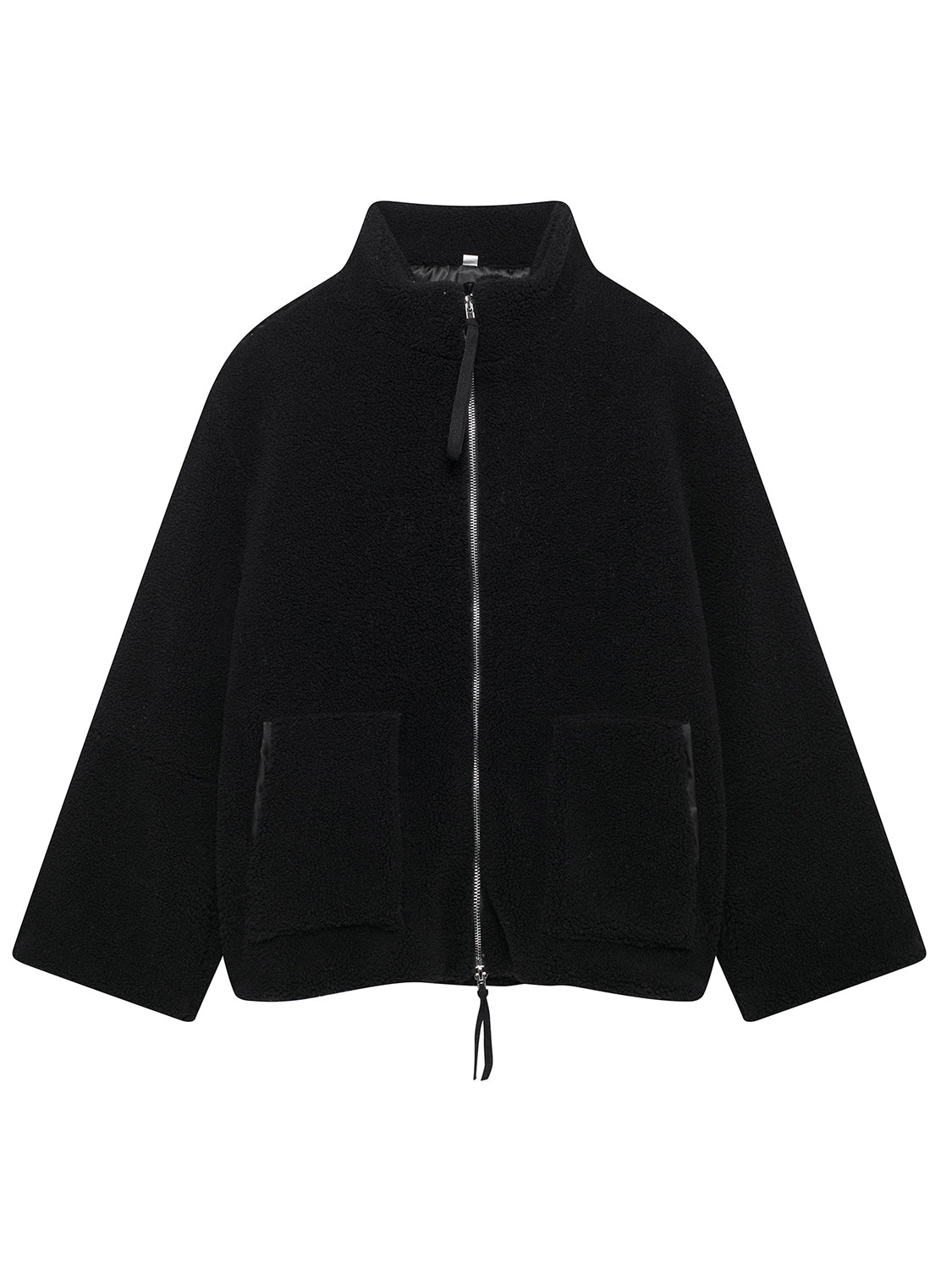 Black sherpa jacket with stand collar, zip front, and two front pockets.