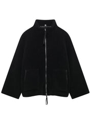 Black sherpa jacket with stand collar, zip front, and two front pockets.