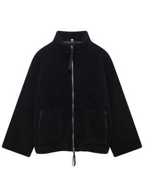 Black sherpa jacket with stand collar, zip front, and two front pockets.