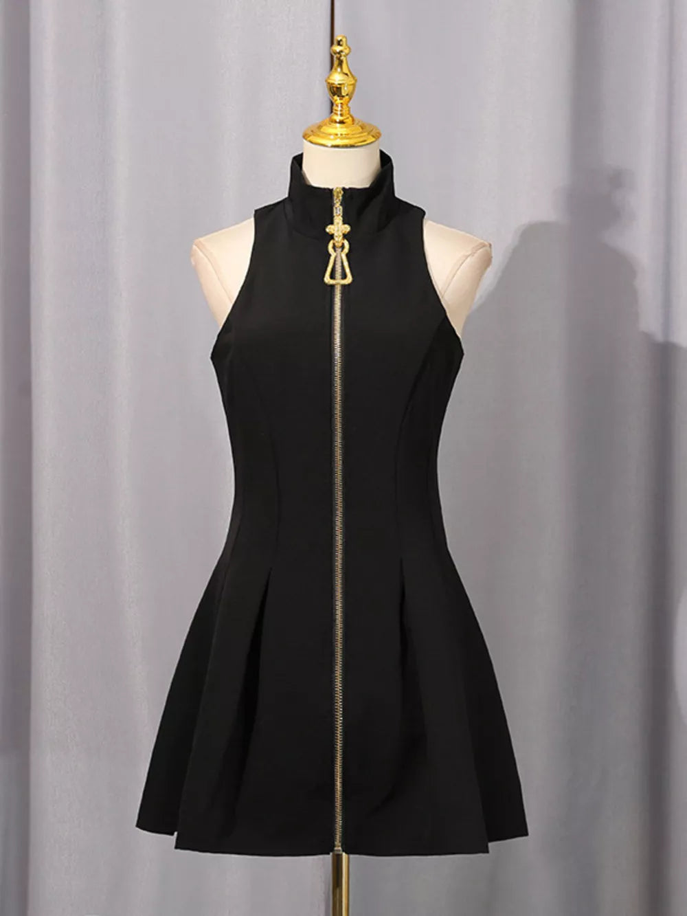 Zip Up Sleeveless Mini Dress in Black, model styling view