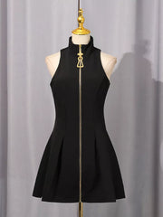 Zip Up Sleeveless Mini Dress in Black, model styling view