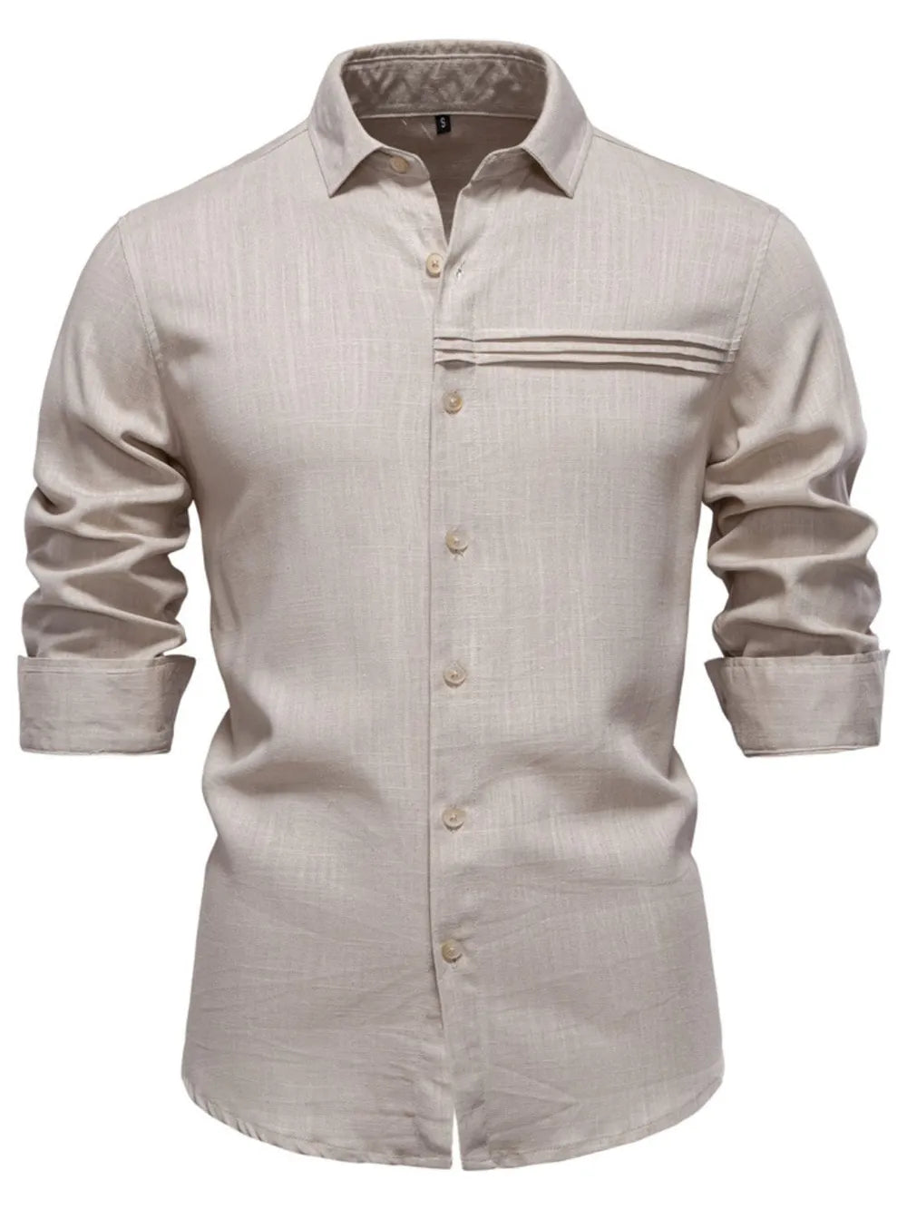 Light gray linen shirt with buttoned front, collar, and pleated pocket detail.