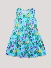 Toddler blue sleeveless cotton dress with a playful floral and bird print.