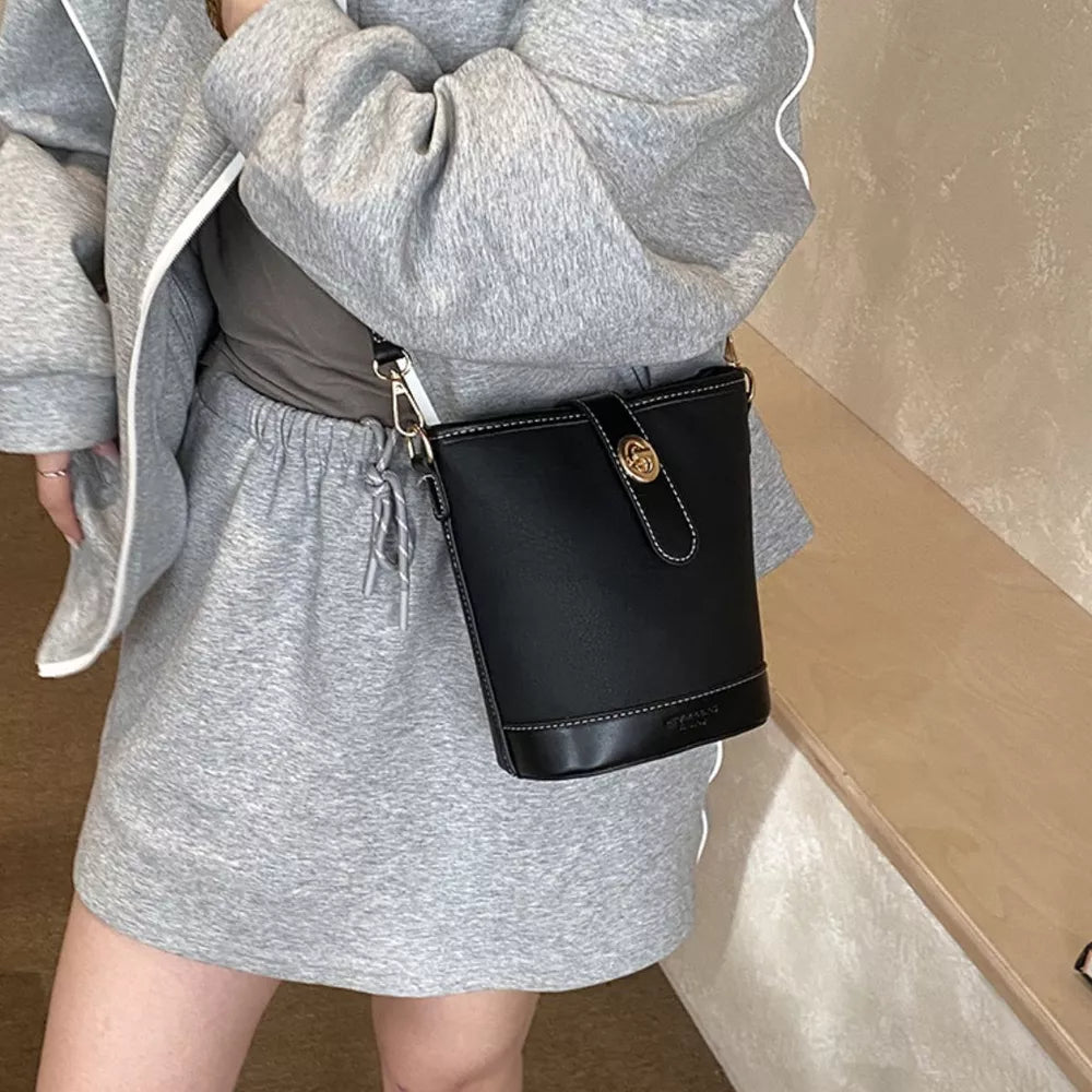 Bucket Leather Crossbody Bag in Black, back view