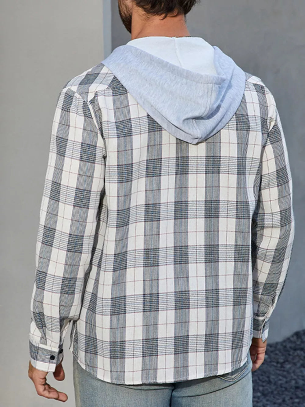 Plaid long sleeve button-up shirt with light gray hood.