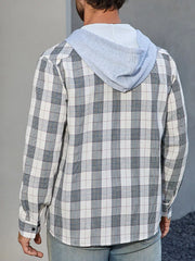 Plaid long sleeve button-up shirt with light gray hood.