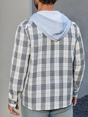 Plaid long sleeve button-up shirt with light gray hood.