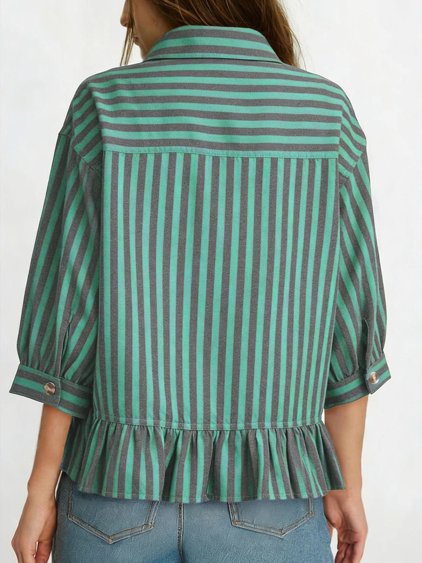 Button-down shirt with 3/4 sleeves, ruffle hem, and green and grey stripes.