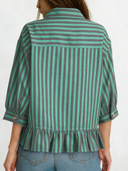 Button-down shirt with 3/4 sleeves, ruffle hem, and green and grey stripes.