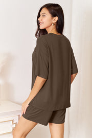 Relaxed bamboo tee and shorts set in chocolate brown with a chest pocket.