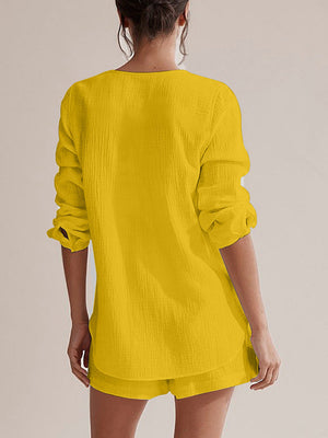 Yellow textured cotton pajama set with long sleeves and shorts.