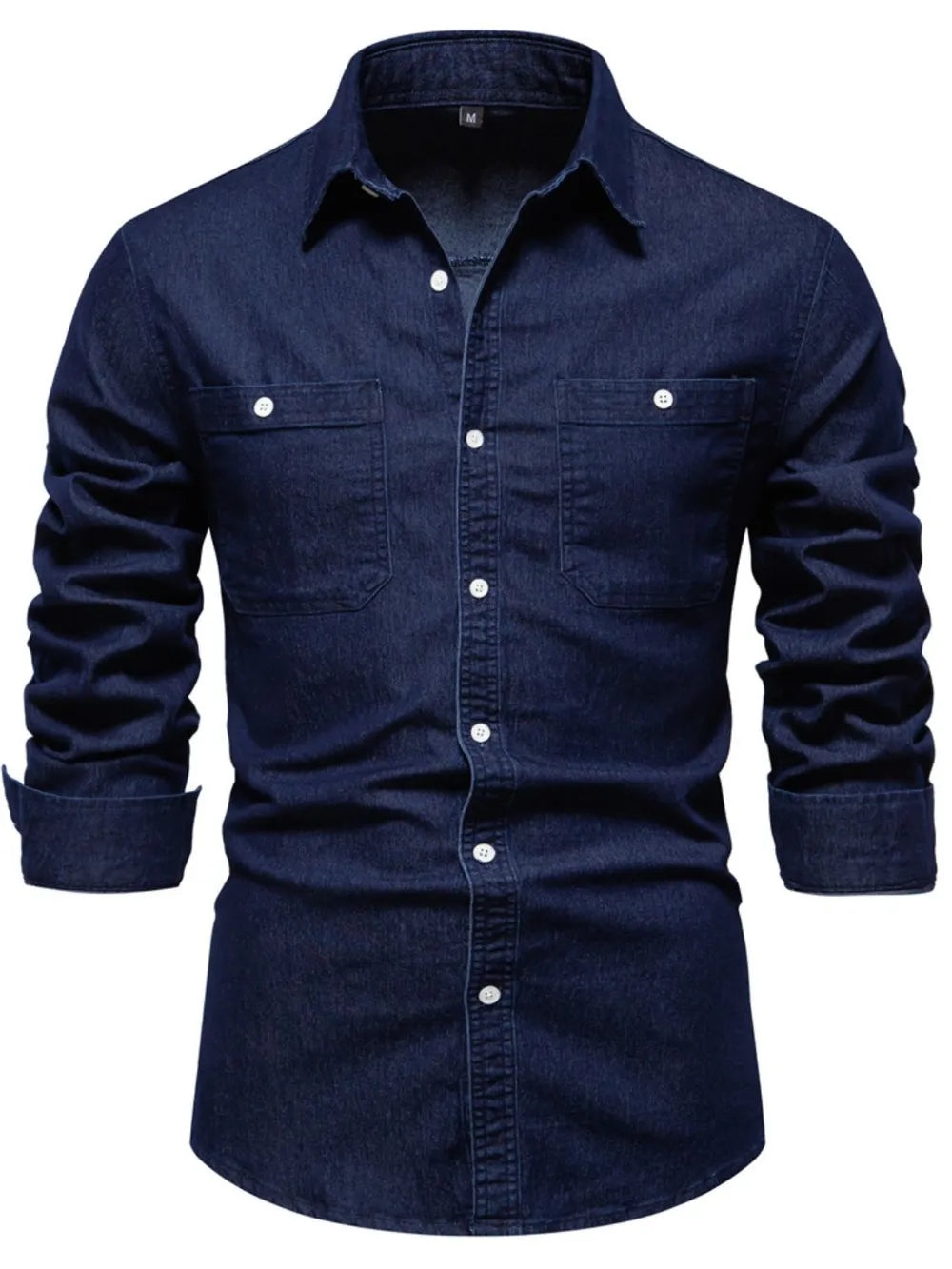Faded denim utility shirt in navy with two chest pockets and button-down front.
