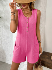 Hot Pink ribbed knit button-front romper with scoop neck, sleeveless, and two front pockets.