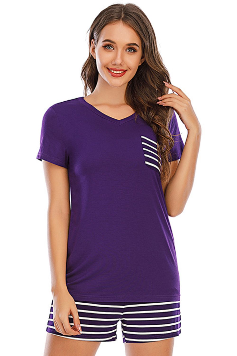 Violet V-neck lounge set with striped pocket detail and matching striped shorts.
