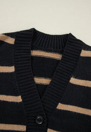 Black and beige striped acrylic button-down cardigan with ribbed V-neck and cuff detail.