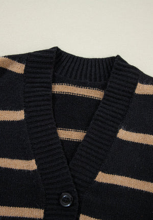 Black and beige striped acrylic button-down cardigan with ribbed V-neck and cuff detail.