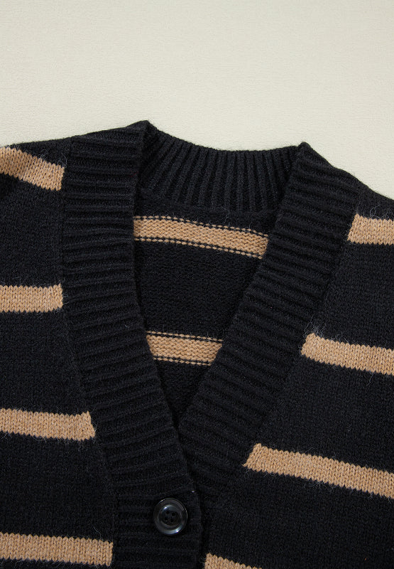 Black and beige striped acrylic button-down cardigan with ribbed V-neck and cuff detail.