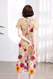 Embroidered Floral Puff Sleeve Midi Dress