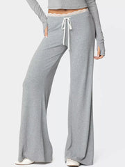 Grey lace trim wide leg lounge pants with drawstring waist