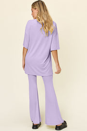 Lavender oversized tee and flare leg pants set