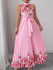 Halter Neck Floral Print Pleated Maxi Dress, side view