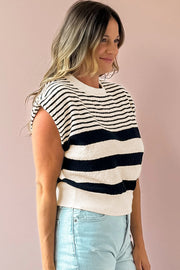 Textured stripe knit sleeveless top in black and white, crew neck, relaxed fit.