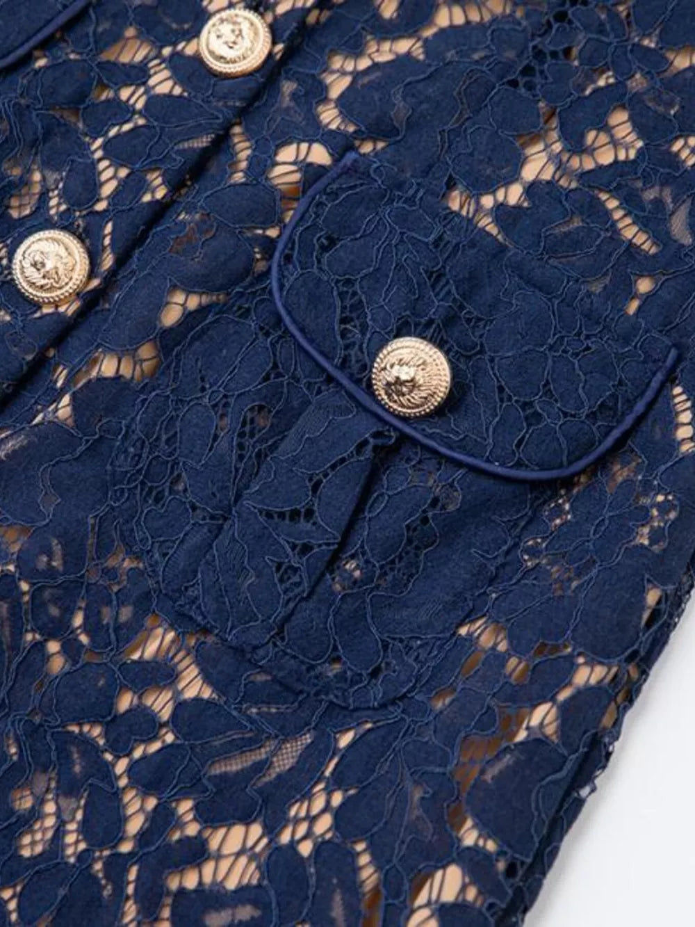 Navy lace midi dress with gold button details and a chest pocket.