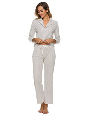 White polka dot pajama set with collar and drawstring pants