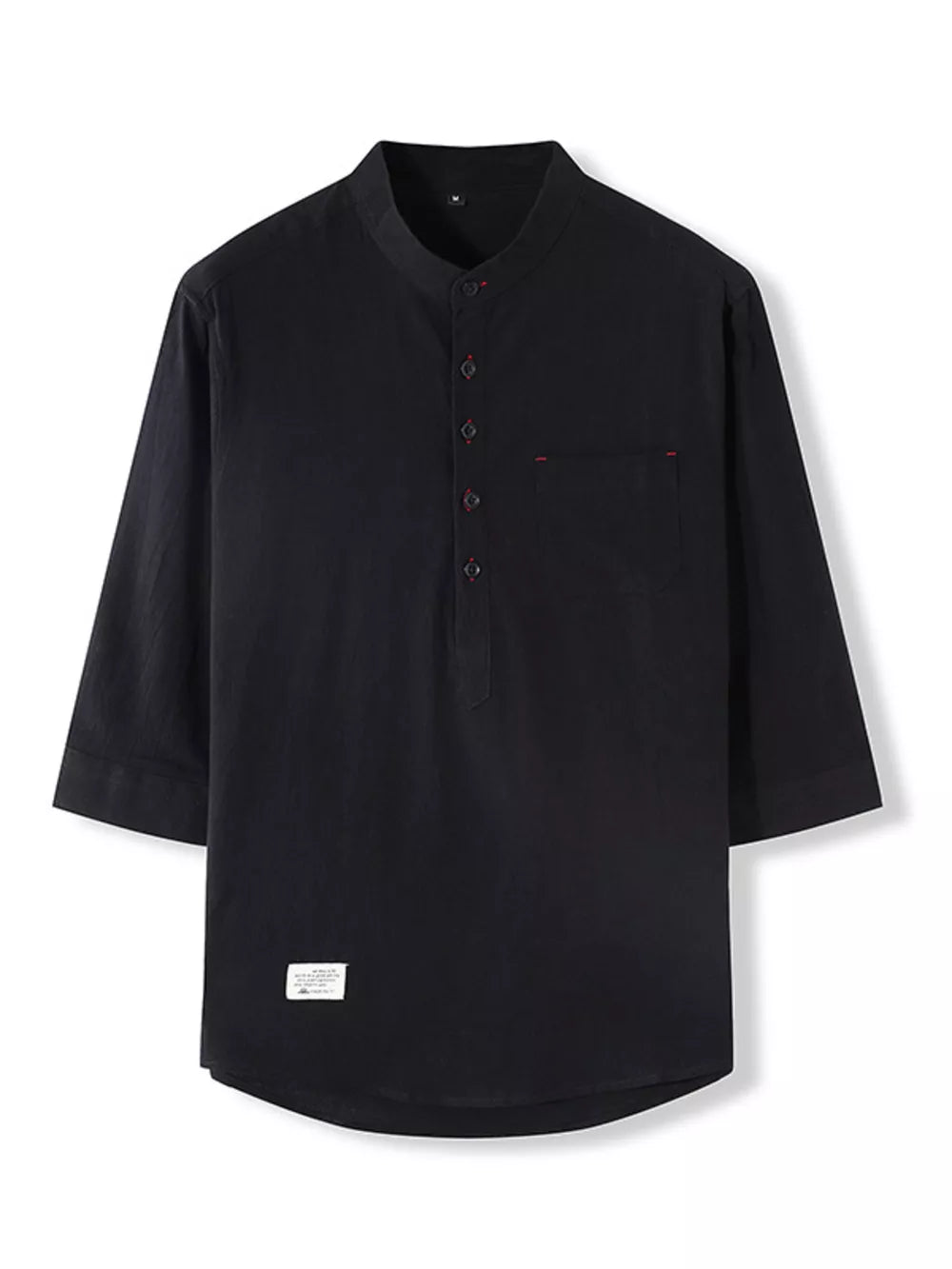 Black casual cotton shirt with Mandarin collar, 3/4 sleeves, and buttoned placket.