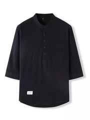 Black casual cotton shirt with Mandarin collar, 3/4 sleeves, and buttoned placket.